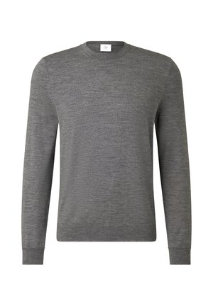 Grauer Pullover mit langen Ärmeln aus einem weichen, strukturierten Stoff. Verfügt über einen Rundhalsausschnitt und enganliegende Bündchen. Schlichtes Design ohne Verzierungen.