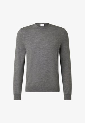 Grijze trui met lange mouwen van een zachte, getextureerde stof. Voorzien van een ronde hals en nauwsluitende manchetten. Eenvoudig ontwerp zonder versieringen.