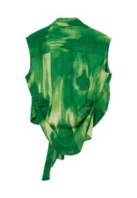 Grüne ärmellose Bluse mit breitem Kragen und abstraktem Muster aus hellgrünen Pinselstrichen, von hinten gezeigt.