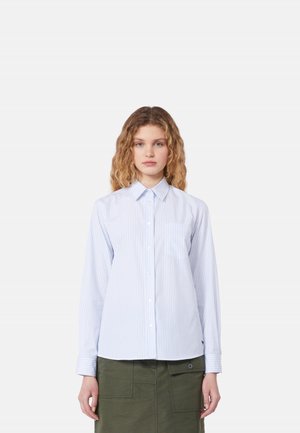 Giovane donna con capelli ricci che indossa una camicia azzurra a righe con bottoni e una gonna verde oliva, in piedi davanti a uno sfondo semplice.