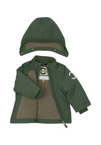 Zöld bélelt dzseki cipzárral, bordázott mandzsettákkal és kapucnival. Belsejében puha, bézs bélés; logó díszítés az ujjon.