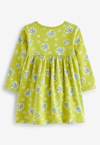 Grön långärmad klänning med ett blommönster av blå rosor och små vita blommor. Tyget är mjukt och har en rynkad midja.