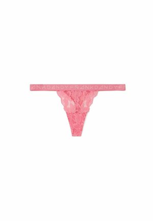 Rosa spetsstringtrosor med blommönster, med en mjuk midja märkt med "FRANK DANDY." Genomskinlig textur framhäver det intrikata mönstret.