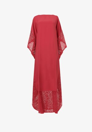 Rode jurk tot de knie van zachte stof, met brede mouwen en verfijnde laser-cut details langs de zoom en mouwen.