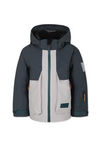 Skijakke i mørk teal og lys grå, med høj krave, flere lynlåslommer og orange lynlåse. Teksturstof.