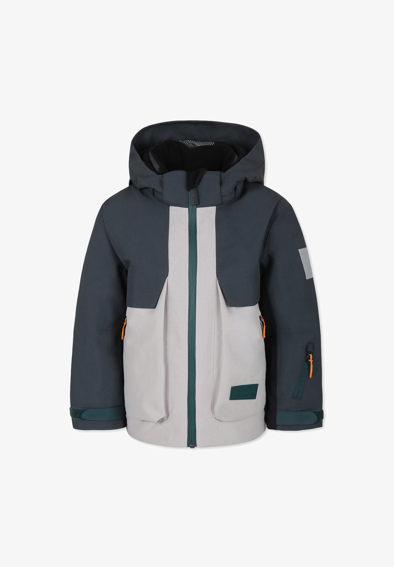 Skijack in donker teal en lichtgrijs, met een hoge kraag, meerdere ritszakken en oranje ritsaccenten. Gestructureerde stof.
