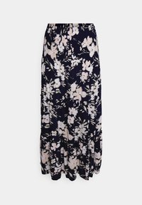 Lång mörk marinblå kjol med ljusrosa och vita blommor och lager av volangnederkant.