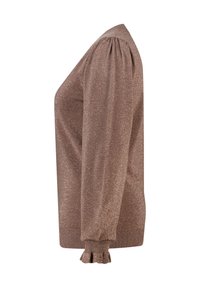 Glinsterende bronzen trui met een losse pasvorm, voorzien van opgeblazen mouwen en geribbelde manchetten. Zachte textuur met een lichte glans.