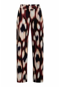 Wijduitlopende broek met een meerkleurig luipaardprint ontwerp in tinten van rood, zwart en crème. Soepele stof met een elastische tailleband.