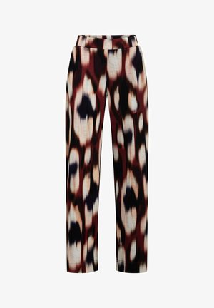 Wijduitlopende broek met een meerkleurig luipaardprint ontwerp in tinten van rood, zwart en crème. Soepele stof met een elastische tailleband.