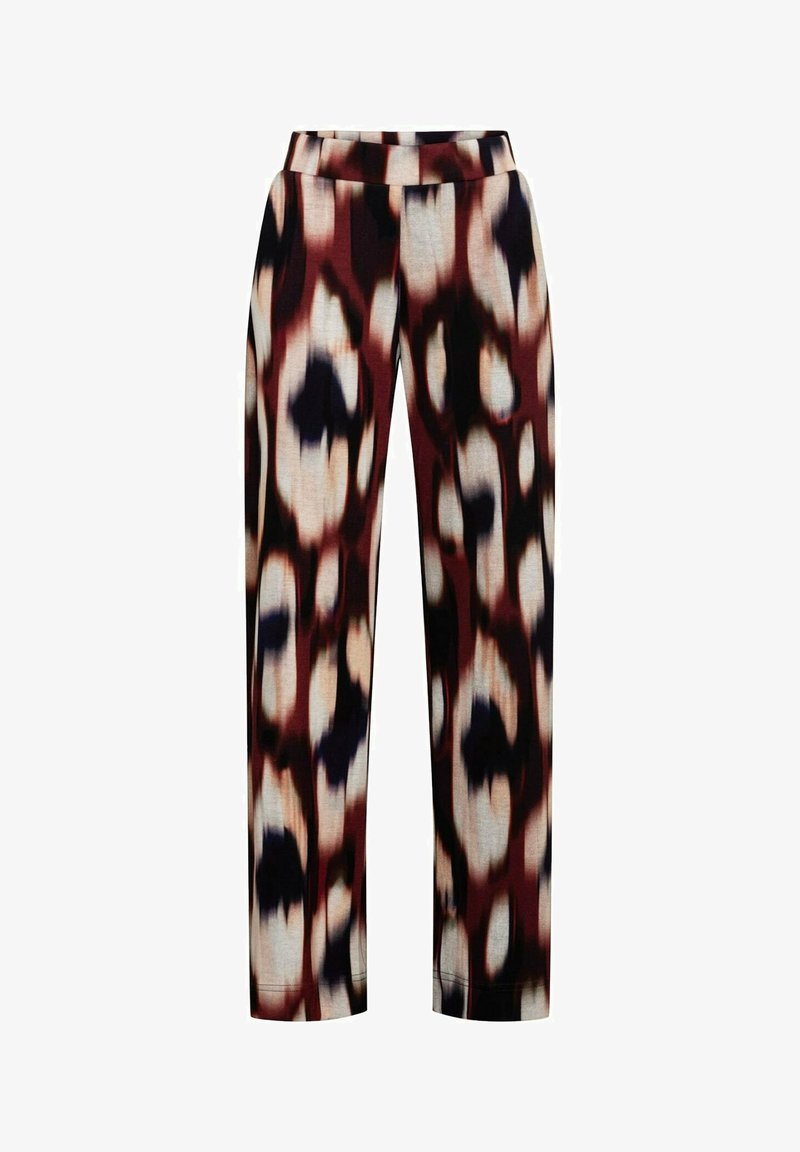 Wijduitlopende broek met een meerkleurig luipaardprint ontwerp in tinten van rood, zwart en crème. Soepele stof met een elastische tailleband.