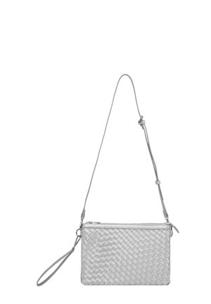 Woven silver leather crossbody bag with a zip closure, detachable shoulder strap, and wristlet. Textured pattern with smooth accents.