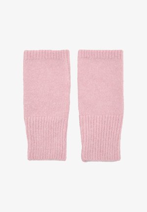 Różowe rękawiczki na ręce z dzianiny, z prążkowaną fakturą u góry i na dole, o miękkim i przytulnym wyglądzie.