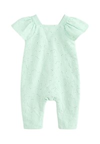 Mintgroene romper met korte pofmouwen, bloemenreliefpatroon, B-logo accenten en drukknoopsluiting onderaan. Zachte textuur.