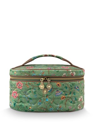 Green quilted cosmetic bag with multicolored floral pattern, double gold zipper, and padded handle on top.
