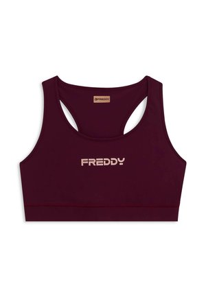 Top sportivo bordeaux con una banda ampia e schiena con apertura. Presenta un logo dorato "FREDDY" sul davanti. Realizzato in tessuto elasticizzato e liscio.