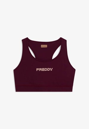 Top sportivo bordeaux con una banda ampia e schiena con apertura. Presenta un logo dorato "FREDDY" sul davanti. Realizzato in tessuto elasticizzato e liscio.