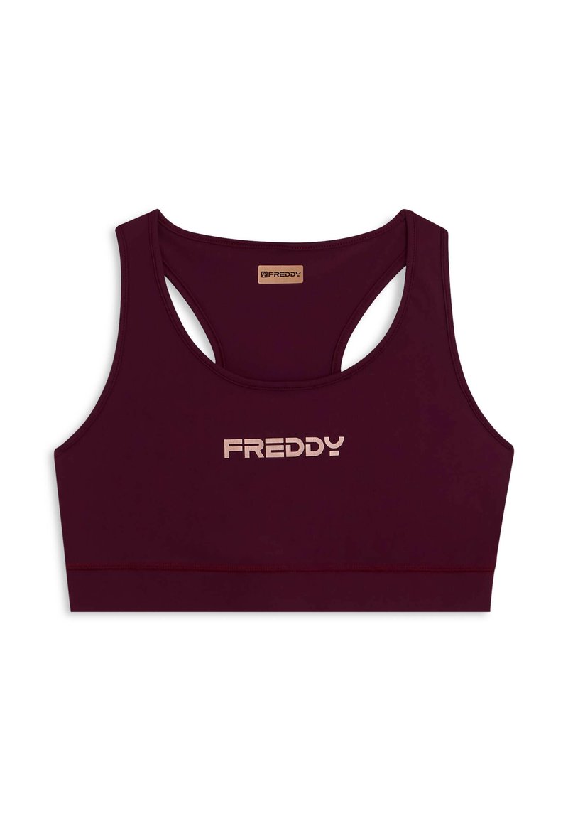 Top sportivo bordeaux con una banda ampia e schiena con apertura. Presenta un logo dorato "FREDDY" sul davanti. Realizzato in tessuto elasticizzato e liscio.