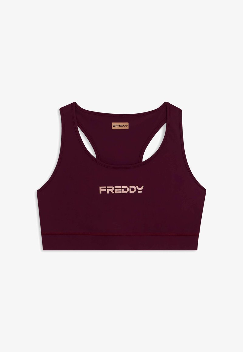 Top sportivo bordeaux con una banda ampia e schiena con apertura. Presenta un logo dorato "FREDDY" sul davanti. Realizzato in tessuto elasticizzato e liscio.