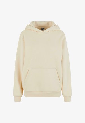 Crème-kleurige hoodie van zacht materiaal, met een trekkoordkap, een voorzak met kangoeroe-stijl en ribgebreide manchetten en zoom.