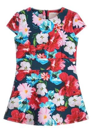 Girls' short-sleeve dress with vibrant red, blue, pink, and white floral print on dark background, fitted waist, and back zipper.