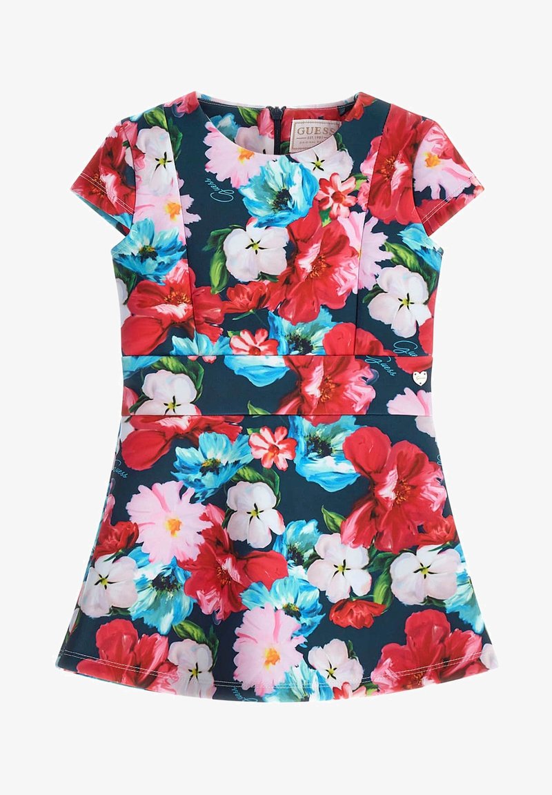 Dziewczęca sukienka z krótkim rękawem w intensywne czerwone, niebieskie, różowe i białe kwiaty na ciemnym tle, dopasowana w talii, z suwakiem z tyłu.