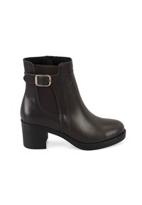 Bottine en cuir marron avec un bout arrondi, des panneaux latéraux élastiques, un accent de boucle dorée et un talon noir épais.