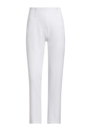 White, high-waisted pants made from smooth fabric. Features two front pockets and a straight-leg cut. No visible fastenings or patterns.