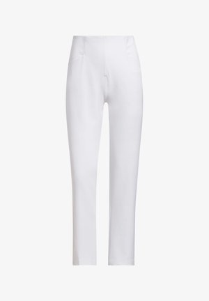 White, high-waisted pants made from smooth fabric. Features two front pockets and a straight-leg cut. No visible fastenings or patterns.