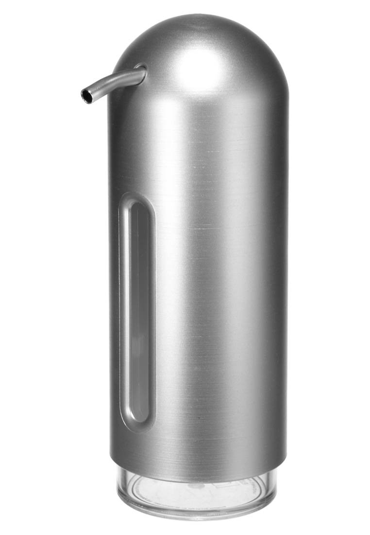 Bouteille en acier inoxydable, forme cylindrique, finition argentée brillante, base transparente, goulot étroit, fenêtre latérale verticale pour la visibilité.