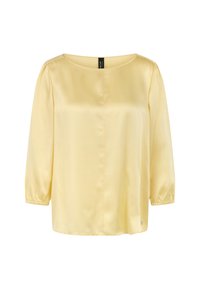 Yellow satin blouse with a rounded neckline, three-quarter sleeves, and gathered cuffs. Smooth texture with a straight cut design.