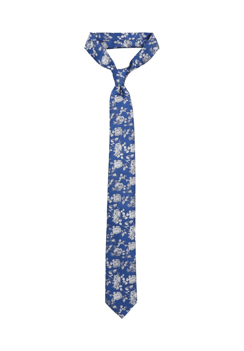 Niebieski kwiatowy krawat wykonany z tkaniny; posiada białe kwiatowe wzory, wąski kształt i spiczasty koniec. Węzeł u góry tworzy klasyczny wygląd.
