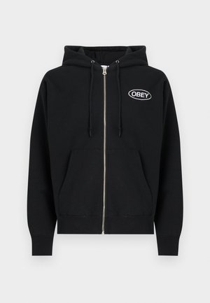 Μαύρο φούτερ με φερμουάρ από βαμβάκι, με μπροστινή τσέπη, κουκούλα με κορδόνι και κεντημένο λευκό λογότυπο "OBEY" στο στήθος.