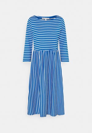 Blue and white striped dress with a round neckline, long sleeves, and a gathered skirt. Made from soft, lightweight fabric.
