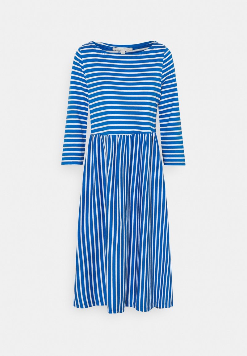 Blue and white striped dress with a round neckline, long sleeves, and a gathered skirt. Made from soft, lightweight fabric.