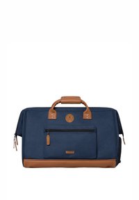 Sac de sport bleu marine avec des accents en cuir beige, poignée supérieure et poche zippée à l'avant. Doté d'un tissu texturé et d'un patch logo de la marque.
