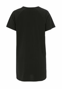 Schwarzes Kurzarm-T-Shirt mit entspannter Passform, aus weichem Stoff gefertigt, mit einem einfachen Rundhalsausschnitt und einem geraden Saum.