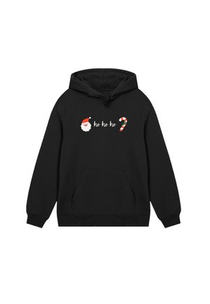 Schwarzer Hoodie mit einem Santa-Gesicht, dem Text "ho ho ho" und einem Zuckerstangen-Grafik über die Brust, festliches Weihnachtsdesign.