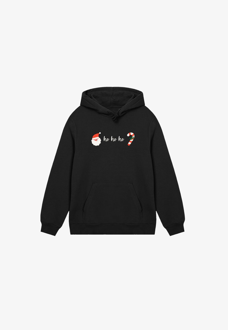 Schwarzer Hoodie mit einem Santa-Gesicht, dem Text "ho ho ho" und einem Zuckerstangen-Grafik über die Brust, festliches Weihnachtsdesign.