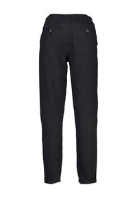 Pantaloni in denim scuro con taglio dritto, dotati di zip, passanti per cintura e due tasche posteriori con chiusura a bottone.