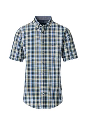 Kurzärmliges kariertes Hemd in Blau, Grün und Weiß. Button-Down-Kragen mit einer Brusttasche und einem abgerundeten Saum. Hergestellt aus Baumwollmischgewebe.