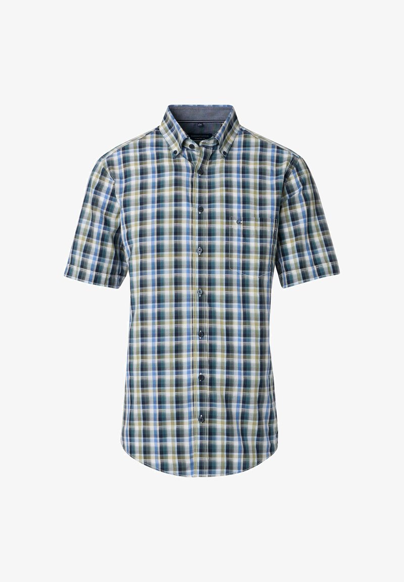 Short-sleeve plaid shirt in blue, green, and white. Button-down collar with a front pocket and a rounded hemline. Made of cotton blend fabric.