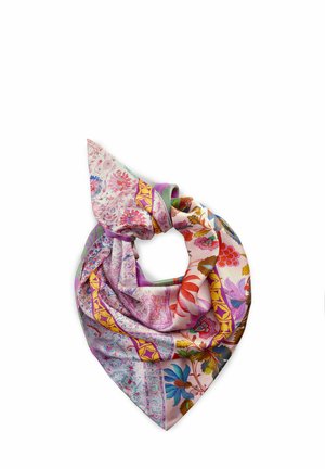 Silk scarf featuring a mix of floral and geometric patterns in pink, purple, green, and blue, with a smooth, soft texture and triangular shape.