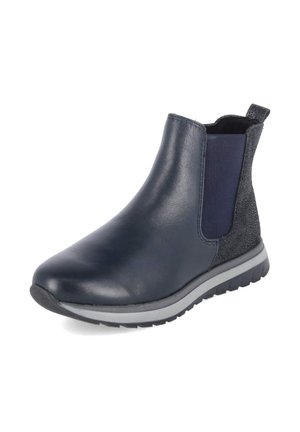 Bottine bleu marine avec devant en cuir lisse, arrière texturé, panneau latéral élastique, languette, et semelle épaisse crantée noire et grise.