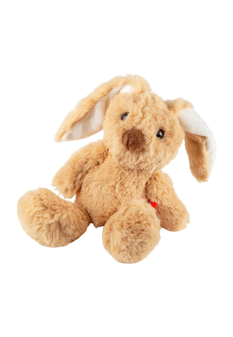 Soft plush bunny with light brown fur, large floppy ears, small brown nose, and round eyes. Features a red tag on one paw.