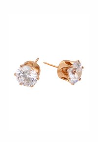 Orecchini a bottone in oro rosa con zirconia cubica trasparente tagliata rotonda, sostenuta da sei griffe, con una finitura lucida e una texture liscia.