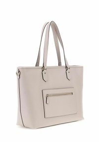 Borsa tote sintetica grigia chiara con due manici, caratterizzata da una tasca frontale con zip e un design strutturato. Accentata con rifiniture nere.
