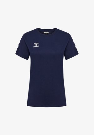 Marineblaues Baumwoll-T-Shirt mit kurzen Ärmeln. Weiße Logo auf der Brust und weiße Chevron-Streifen an den Ärmeln. Klassisches Rundhalsausschnitt-Design.