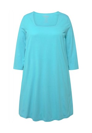 Turkis tunika med firkantet halsudskæring, trekvartlange ærmer og en afslappet pasform, lavet af blødt bomuldsjersey stof. Ingen synlige mønstre.