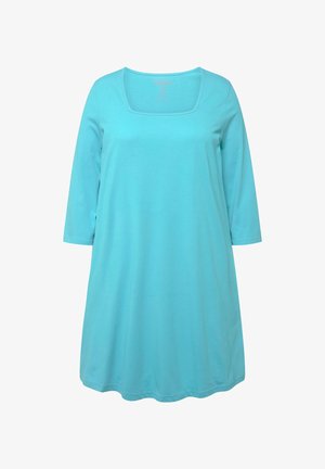 Túnica turquesa con escote cuadrado, mangas tres cuartos y forma relajada, hecha de suave tela de jersey de algodón. Sin patrones visibles.